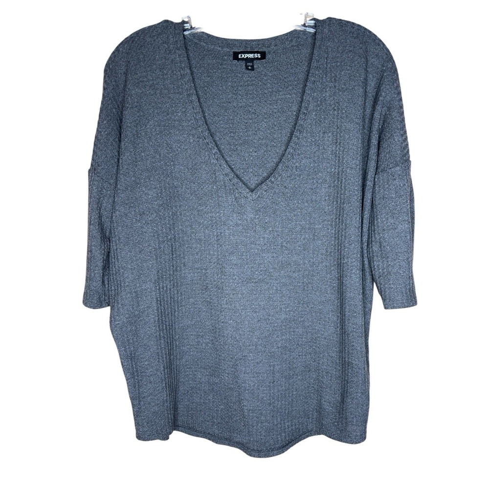 Express Gray Waffle Knit Women's Top Sz M Deep V Dropped Sleeve‎ Coastal
